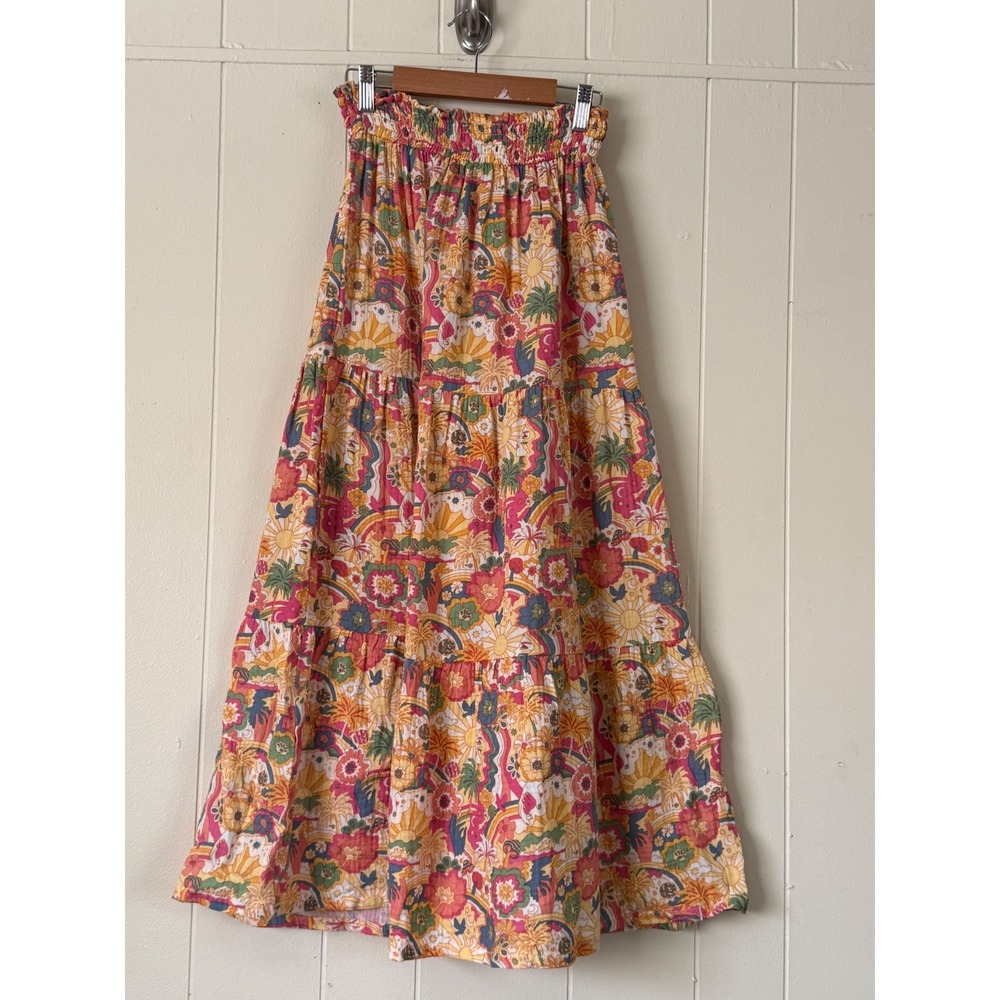 Marine Layer Womens Psychedelic Boho Floral Tiered Gauze Maxi Skirt Size S